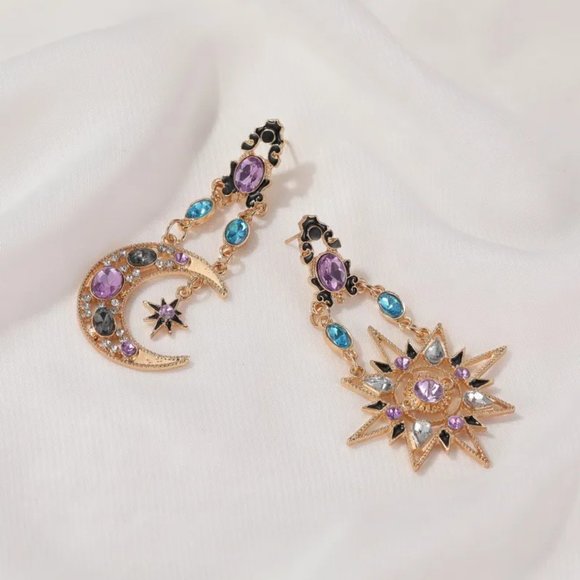 Ornate Baroque Celestial Moon & Star Blue Purple Rhinestone Gold Dangle Earrings - Picture 2 of 6